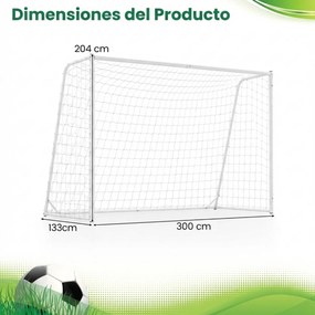 Baliza de futebol 300 x 204 cm para exterior com rede de PE, Estrutura metálica, 8 estacas e 16 abraçadeiras para treino futebol Branca