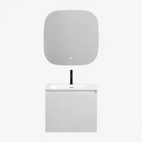 Conjunto De Móvel De Casa De Banho Suspenso Em Madeira Com Lavatório Integrado Macrae Branco & Quadrado Led E Anti-embaciamento 75x75 Cm - Sklum