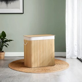 Cesto de roupa suja com 2 compartimentos, 100 L com tampa, em bambu 52 x 32 x 61 cm cor natural