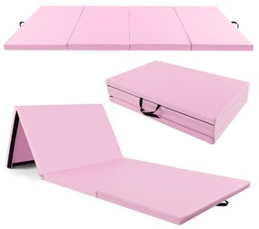 Tapete de ginástica dobrável de 4 dobras com alças, tapete de couro sintético com fechos de velcro, treino para academia, ioga, rosa