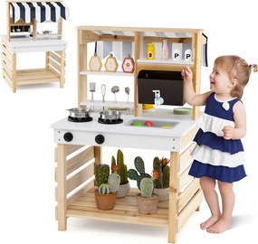 Cozinha para brincar de madeira 2 em 1 58 x 56 x 87 cm com tampa, pia removível, caixa de água e torneira, 6 acessórios de cozinha, natural e branco