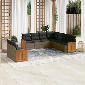 9 pcs conjunto sofás p/ jardim com almofadões vime PE cinzento