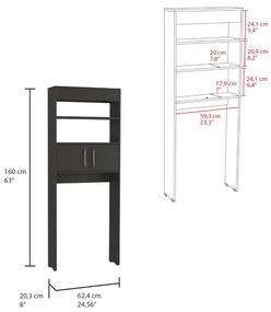 Armário casa de banho sobre a Sanita Madrid, com portas e prateleiras abertas externas, 160 cm a x 20,3cm e x 62,4cm L, Preto