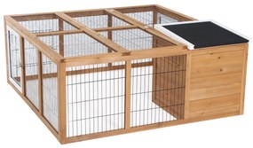 PawHut Coelheira de Exterior Gaiola para Coelhos Porquinho da India Animais Pequenos com 2 Portas Superiores e Teto Asfáltico Dobrável 123x120x52cm Madeira Natural