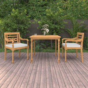 vidaXL 3 pcs conjunto jantar jardim c/ almofadões madeira teca maciça