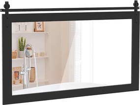 Espelho de parede estilo rústico 100 x 66 cm, retangular, com porta tipo celeiro, moldura em madeira maciça e suporte metálico, para quarto ou entrada