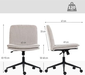 Cadeira de Escritório com Assento Largo sem Apoios de Braço Rodas Altura Ajustável Giratória Função Basculante 62x67x83-93 cm Bege