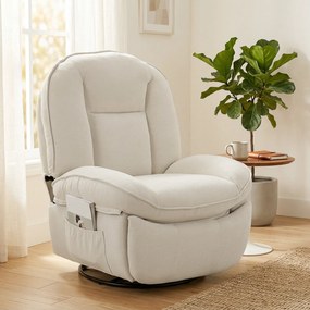 Poltrona reclinável em tecido felpudo, poltrona de relaxamento giratória a 360°, assento largo, bolsos laterais, creme