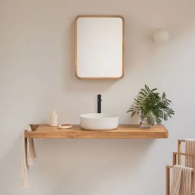 Conjunto De Móvel De Casa De Banho 130x45 Cm Suspenso Em Madeira De Teca Neill Madeira De Teca & Cerâmica Redonda Branca Ø40 Cm Lenka & Preto Mate ↑30