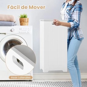 Cesto com grande capacidade para roupa suja com tampa articulada em metal, pega lateral e bolso interior 30 x 30 x 61 cm Branco
