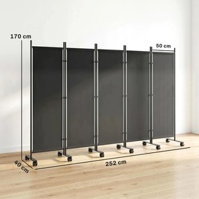 Biombo Dobrável de 5 Painéis com 12 Rodas 252x170 cm Biombo Separador de Ambientes Preto