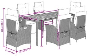 7 pcs conjunto de jantar p/ jardim c/ almofadões vime PE cinza