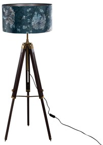 Candeeiro de Pé Tripod em Latão com Abajur em Veludo, Design de Peixe, 50cm - Cortin Clássico / Antigo,Rústico