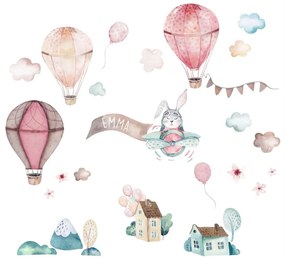 Autocolantes parede - Balões cor-de-rosa, coelhos e casas