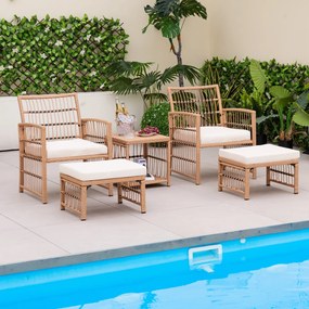 Conjunto de jardim exterior de 5 peças: mesa e cadeiras de rattan PE com almofadas macias, mesa de centro de 2 níveis e 2 Pufes, cor natural e almofad
