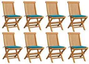 Cadeiras de jardim c/ almofadões azuis 8 pcs teca maciça