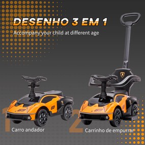 Carro Andarilho Lamborghini Essenza SCV2 Carro Andador com Buzina Guiador e Grade de Segurança 86,5x40x89,5cm Laranja