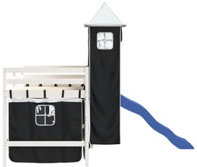 Cama alta criança c/ torre 90x190 cm pinho maciço branco/preto