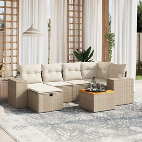 7 pcs conjunto de sofás p/ jardim com almofadões vime PE bege