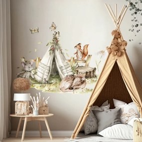 Autocolante de parede Woodland - Tenda Teepee e animais da floresta