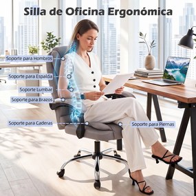 Cadeira de Escritório Ergonómica, 66 x 59-98 x 108-118 cm, Reclinável de 90° a 135°, Cinzento