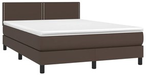 Cama box spring c/ colchão/LED 140x200 cm couro artif. castanho