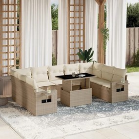 vidaXL 10 pcs conjunto de sofás p/ jardim com almofadões vime PE bege
