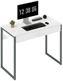 Secretária com 2 Gavetas 100x50 cm Mesa de Computador Pernas de Aço para Casa Escritório Espaços Pequenos Branco Brilhante