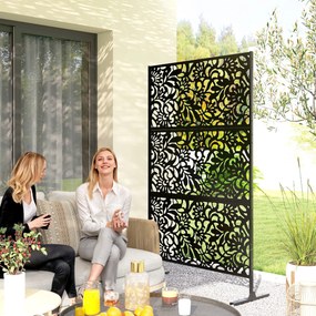 Painel decorativo de proteção visual para exterior, claustra decorativa para jardim, 3 painéis com motivo floral, em aço, 122 x 45 x 198 cm, preto