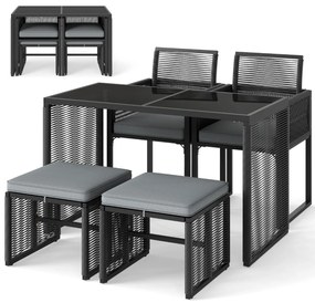 Conjunto de Móveis de Rattan Cadeira de Rattan PE e Mesa de Vidro Temperado com Pufes para Jardim Cinzento e Preto