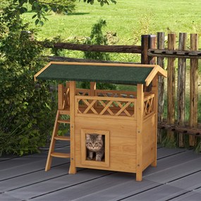 Casa para Gatos de Madeira 77x50x73cm com 2 Níveis  Teto Asfáltico Terraço Cercado Caverna e Escada Madeira