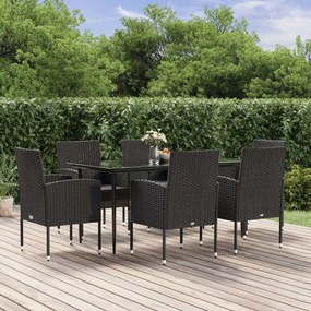 vidaXL 7 pcs conjunto de jantar p/ jardim c/ almofadões vime PE preto