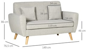 Sofá de 2 Lugares Estofado em Linho Sintético Sofá Moderno de Sala de Estar com 2 Almofadas Amovíveis Apoio para os Braços e Pés de Madeira 149x76,5x86cm Creme