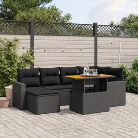 7 pcs conjunto de sofás p/ jardim c/ almofadões vime PE preto