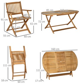 Conjunto de Jardim de Madeira Dobrável 7 Peças Mesa de Refeição 160x85x72cm com Orifício para Chapéu de Sol Ø38mm 6 Cadeiras 60x55x91cm para terraço B