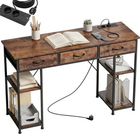 Secretária com espaço de arrumação e tomadas elétricas, 3 gavetas em tecido e 4 prateleiras, 120 x 40 x 76 cm, castanho