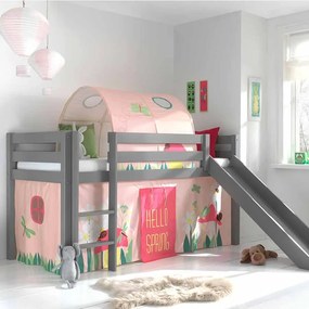 Conjunto Cama alta de Criança PINO 90 x 200 cm + estrado + escada + escorrega + tunel + cortina Primavera Cinzenta