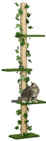 PawHut Árvore para Gatos do Chão ao Teto 37x21x202-242 cm com 4 Plataformas de Relva Artificial Folhas Artificiais e Poste de Juta Verde