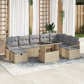 Conjunto de Sofás de Jardim vidaXL 9 Peças com Almofadas Bege Rattan P