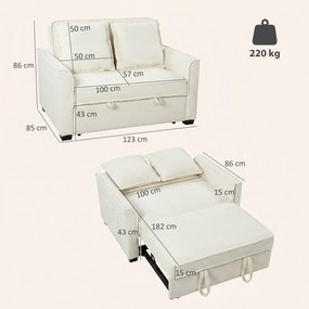 Sofá-Cama 2 Lugares 3 em 1 com Encosto Ajustável Bolsos Laterais 2 Almofadas para Sala Creme