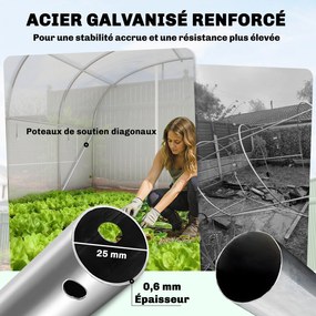 Estufa tipo túnel de 24 m², com estrutura em aço galvanizado, portas e 2 janelas grandes, branca