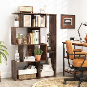 Estante em forma de S com 4 níveis, 6 compartimentos abertos e 2 dispositivos antiderrapantes para escritório ou estúdio, 80 x 30 x 119 cm, castanho