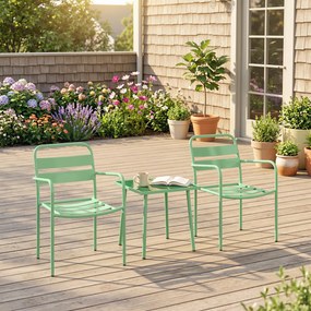 Conjunto de jardim estilo bistrô de 3 peças - mesa baixa em vidro temperado e 2 cadeiras com ripas, estrutura em aço galvanizado, verde
