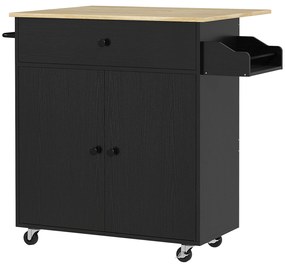 HOMCOM Ilha de Cozinha com Rodas com Lateral Dobrável Gaveta Suporte para Temperos e Prateleira Ajustável 106x42x87 cm Preto e Carvalho | Aosom Portugal