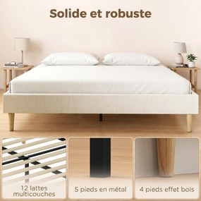 Estrutura de Cama de Casal Estofada (COLCHÃO NÃO INCLUIDO), 201 x 161 x 31 cm, Espaço de Arrumação por Baixo, Creme