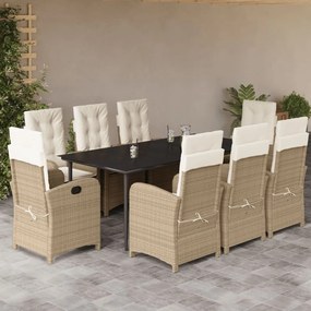 9 pcs conjunto de jantar p/ jardim com almofadões vime PE bege