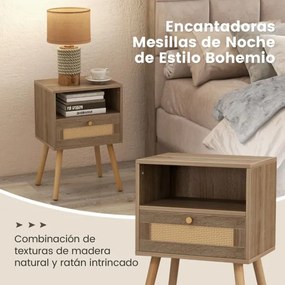 Mesa de cabeceira de rattan com gaveta multifuncional para sala de estar ou quarto 40 x 30 x 60,5 cm Natural e Castanha