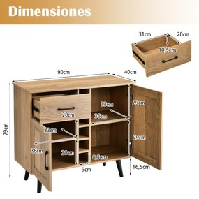 Armário Garrafeira com 6 Suportes para Vinho Gaveta Removível e Armários Ajustáveis ​​para Cozinha e Sala 90 x 40 x 79 cm Natural