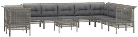 11 pcs conjunto lounge de jardim c/ almofadões vime PE cinzento