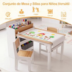 Conjunto de Mesa de Desenho Infantil e 2 Cadeiras, 102 x 58 x 64 cm, Arrumação Integrada, Madeira